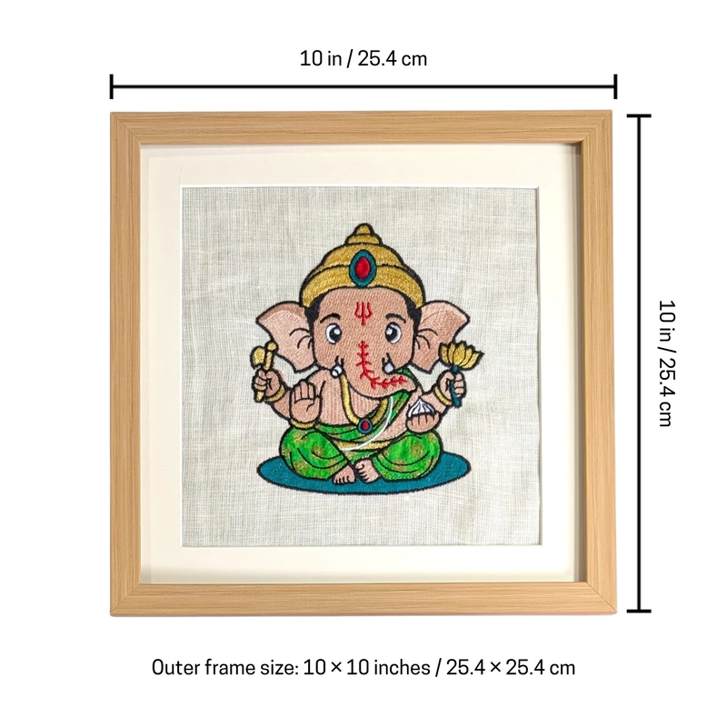 Artist-Designed Baby Ganesha Embroidered Textile Wall Art Frame with Applique by Threadteller