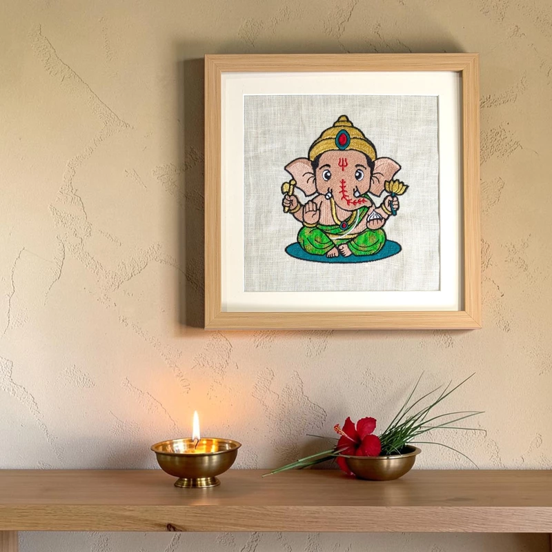 Artist-Designed Baby Ganesha Embroidered Textile Wall Art Frame with Applique by Threadteller