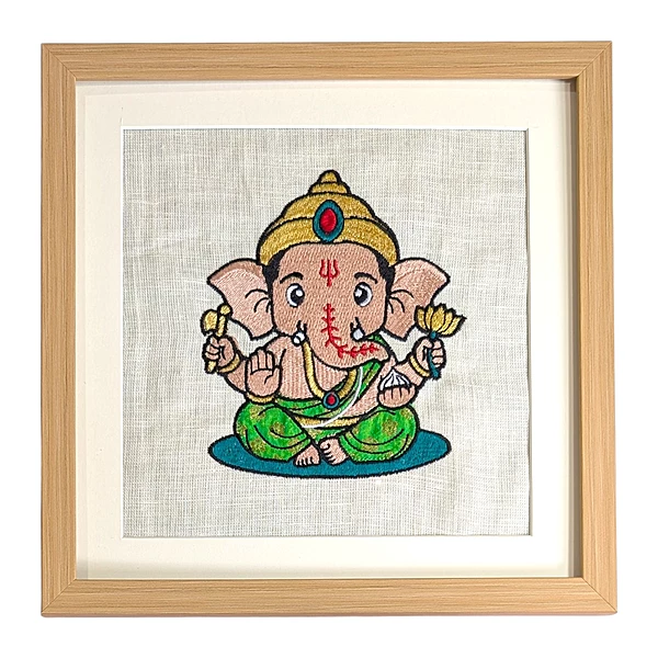 Artist-Designed Baby Ganesha Embroidered Textile Wall Art Frame with Applique by Threadteller