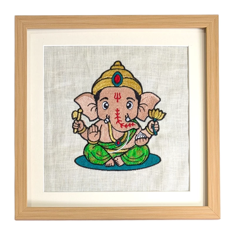 Artist-Designed Baby Ganesha Embroidered Textile Wall Art Frame with Applique by Threadteller