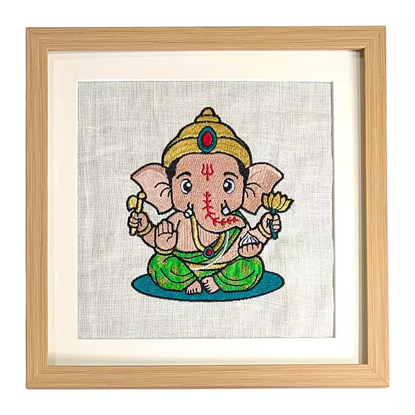 Baby Ganesha Embroidered Textile Wall Art Frame with Applique