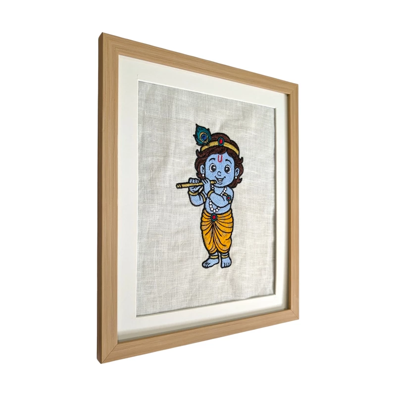 Baby Krishna Embroidered Textile Wall Art Frame with Applique