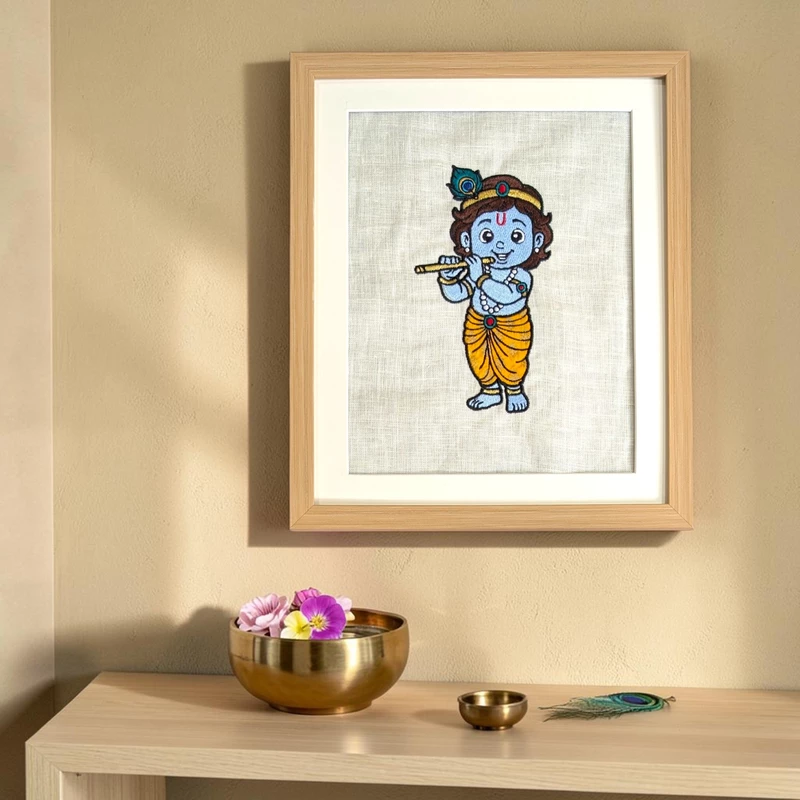 Baby Krishna Embroidered Textile Wall Art Frame with Applique