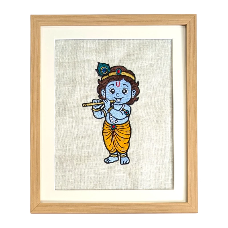 Baby Krishna Embroidered Textile Wall Art Frame with Applique