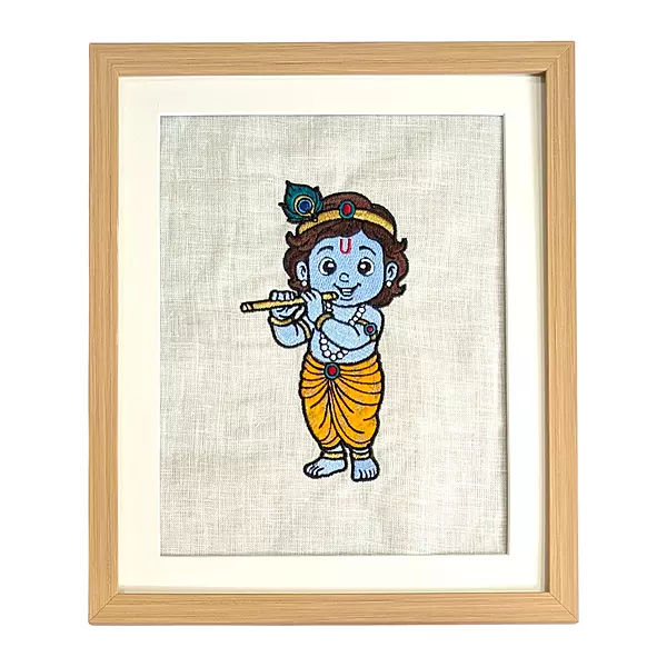Baby Krishna Embroidered Textile Wall Art Frame with Applique