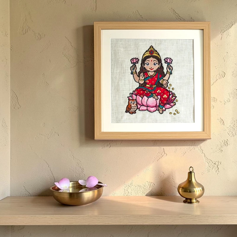 Baby Mahalakshmi Embroidered Textile Wall Art Frame with Applique