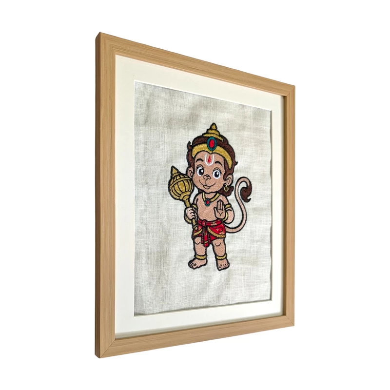 Baby Hanuman Embroidered Textile Wall Art Frame with Applique