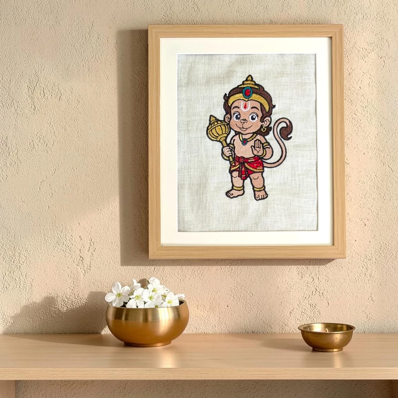 Baby Hanuman Embroidered Textile Wall Art Frame with Applique