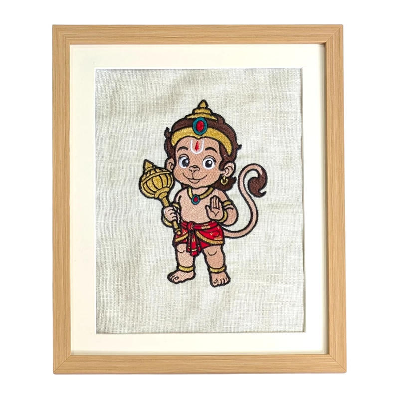 Baby Hanuman Embroidered Textile Wall Art Frame with Applique