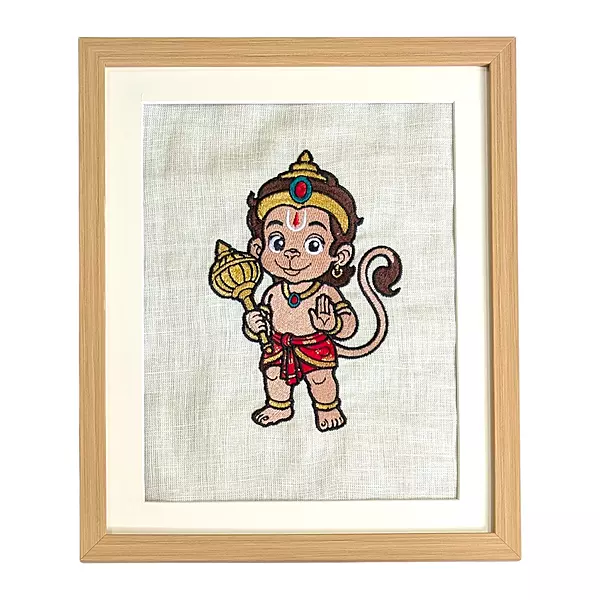 Baby Hanuman Embroidered Textile Wall Art Frame with Applique