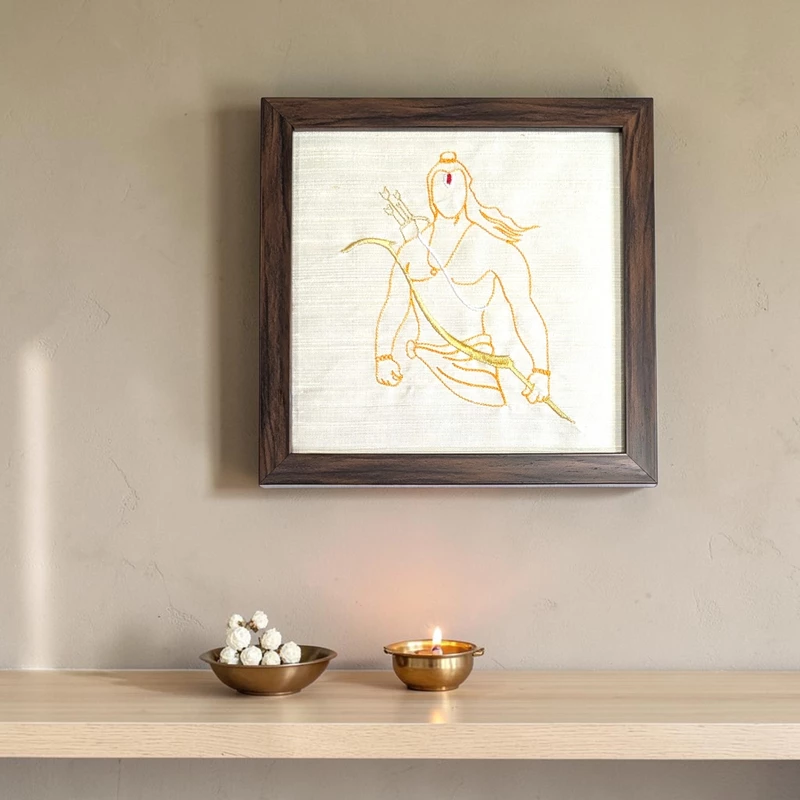 Ram - Off White Embroidered Textile Wall Art Frame