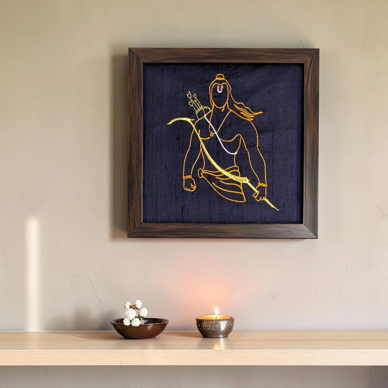 Ram - Navy Blue Embroidered Textile Wall Art Frame