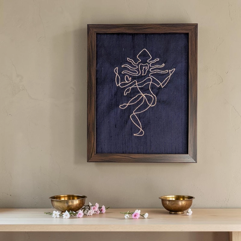 Nataraj Shiva - Navy Blue Embroidered Textile Wall Art Frame