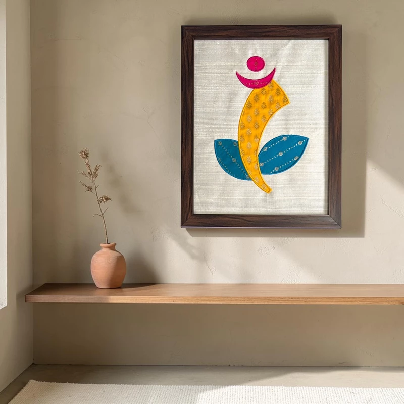 Ganesha - Off White Embroidered Textile Wall Art Frame with Applique