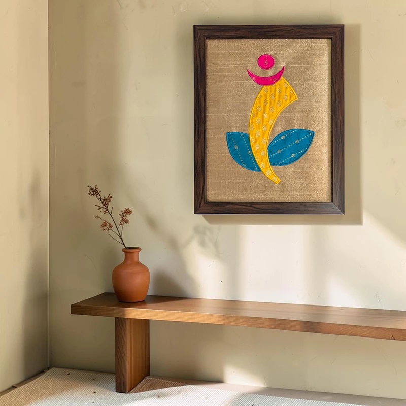Ganesha - Beige Embroidered Textile Wall Art Frame with Applique