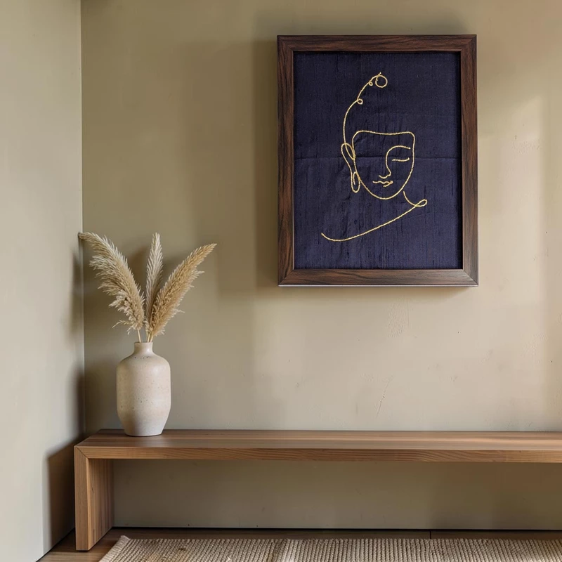 Buddha - Navy Blue Embroidered Textile Wall Art Frame