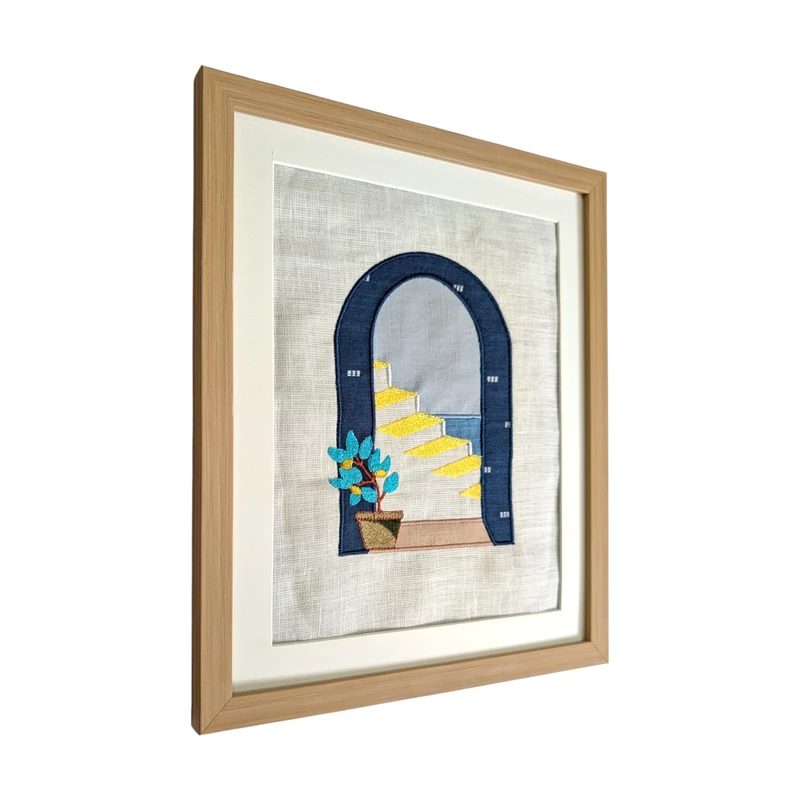Archway with yellow stairs Embroidered Textile Wall Art Frame with Applique