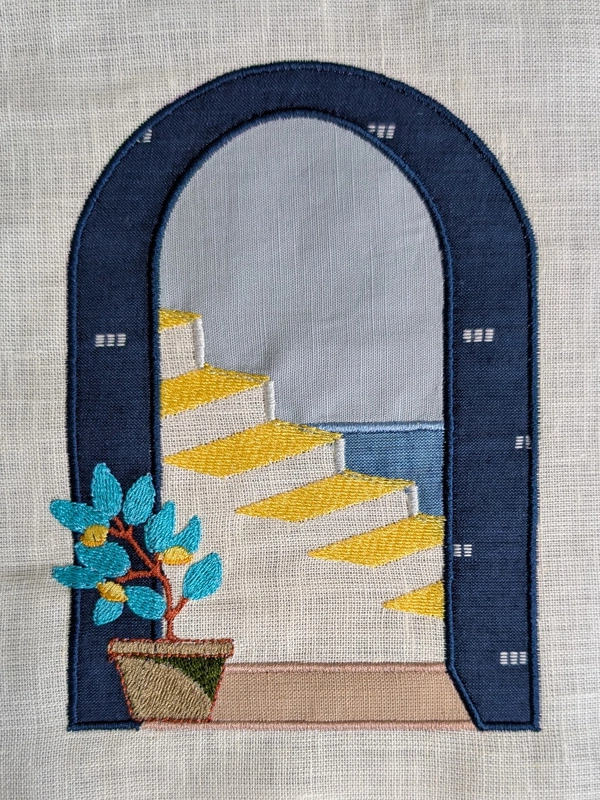 Archway with yellow stairs Embroidered Textile Wall Art Frame with Applique