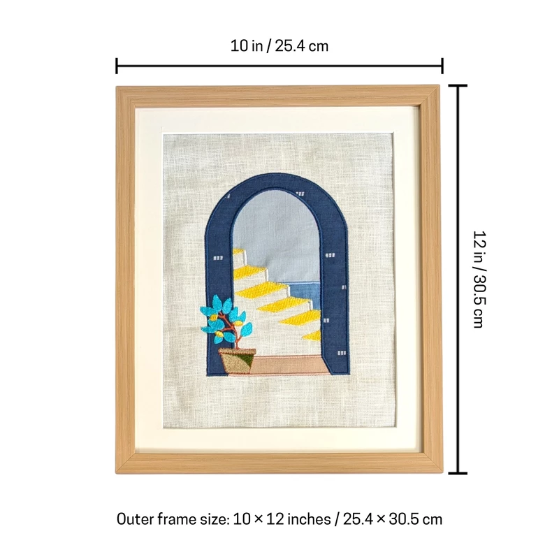 Archway with yellow stairs Embroidered Textile Wall Art Frame with Applique