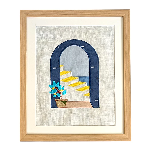Archway with yellow stairs Embroidered Textile Wall Art Frame with Applique