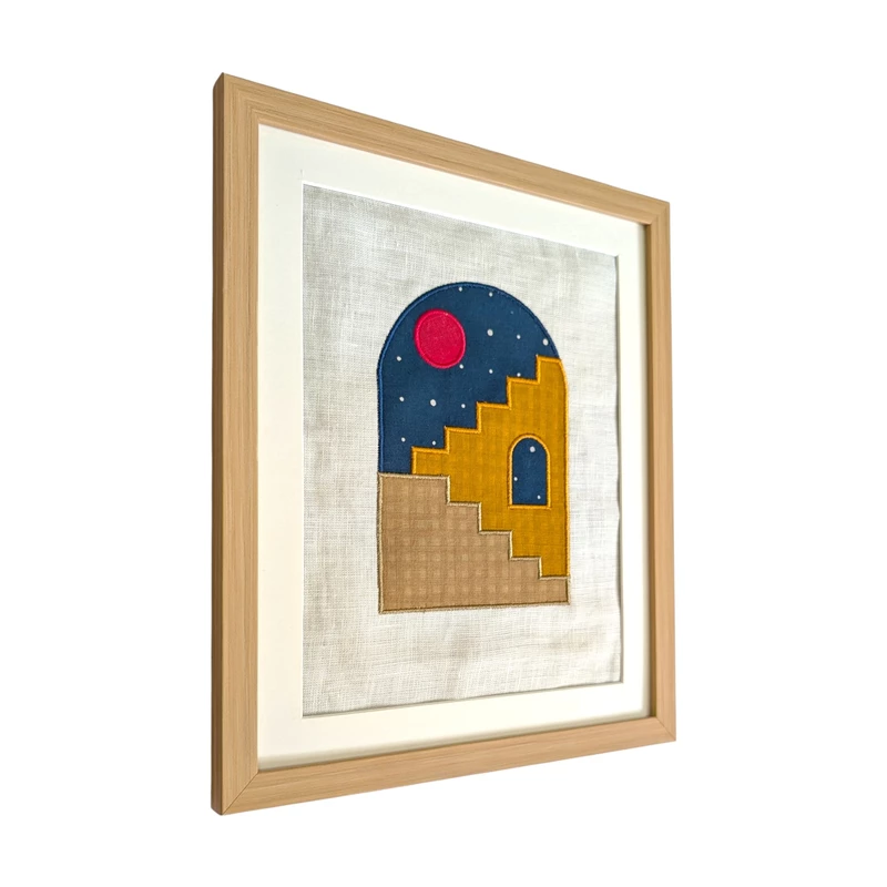 Archway with stairs in night sky Embroidered Textile Wall Art Frame with Applique