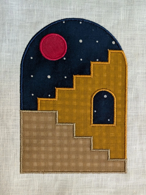 Archway with stairs in night sky Embroidered Textile Wall Art Frame with Applique
