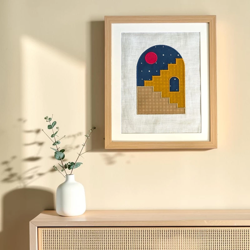 Archway with stairs in night sky Embroidered Textile Wall Art Frame with Applique