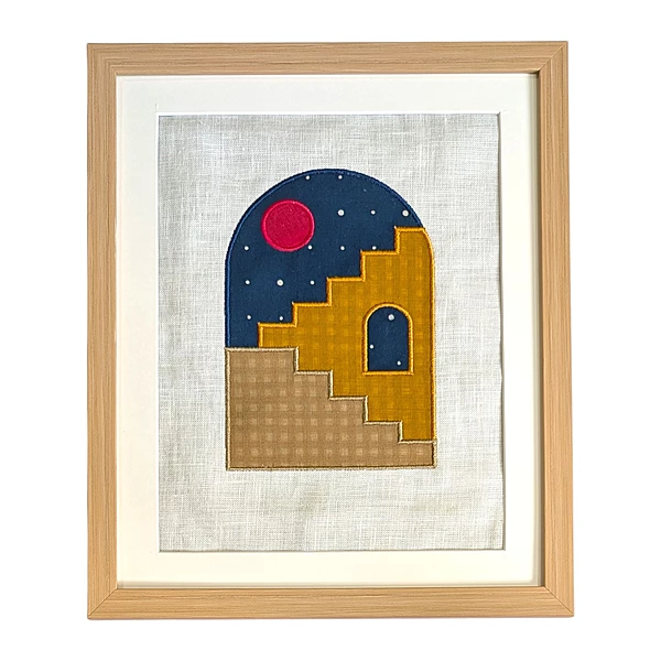 Archway with stairs in night sky Embroidered Textile Wall Art Frame with Applique
