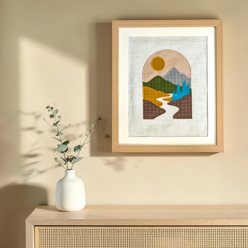 Archway with mountains Embroidered Textile Wall Art Frame with Applique