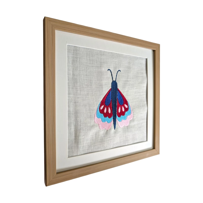 Butterfly - Red Pink Embroidered Textile Wall Art Frame