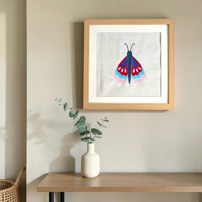 Butterfly - Red Pink Embroidered Textile Wall Art Frame