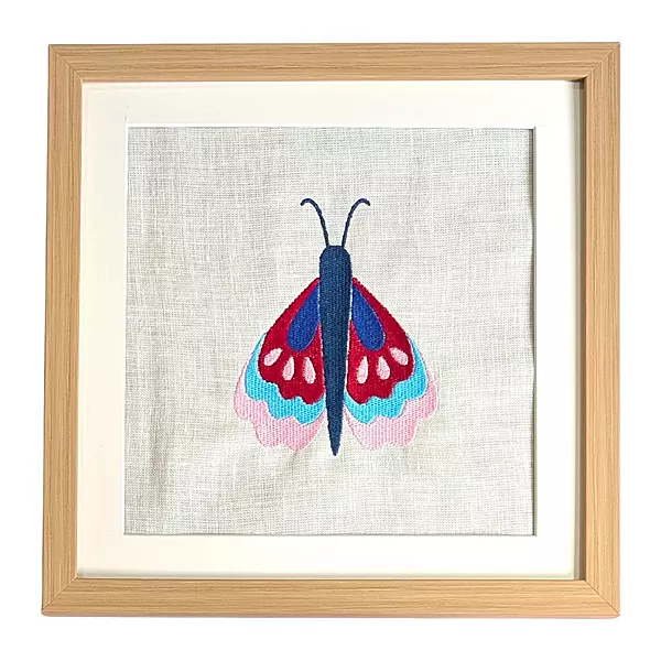 Butterfly - Red Pink Embroidered Textile Wall Art Frame