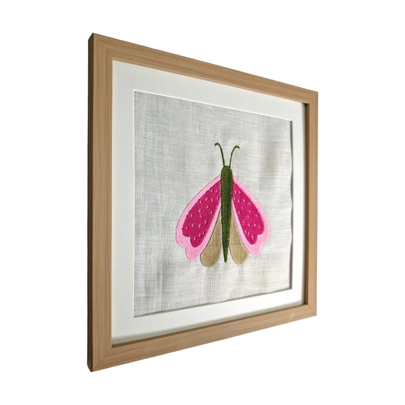 Butterfly - Pink Beige Embroidered Textile Wall Art Frame