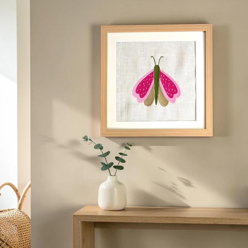 Butterfly - Pink Beige Embroidered Textile Wall Art Frame