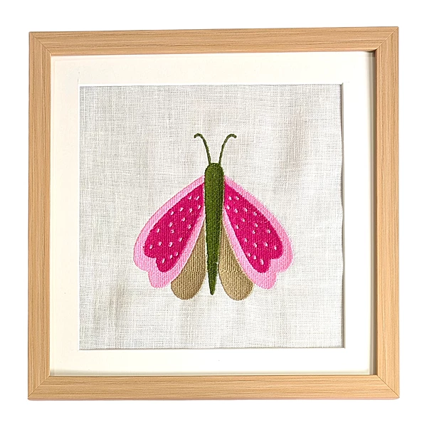 Butterfly - Pink Beige Embroidered Textile Wall Art Frame