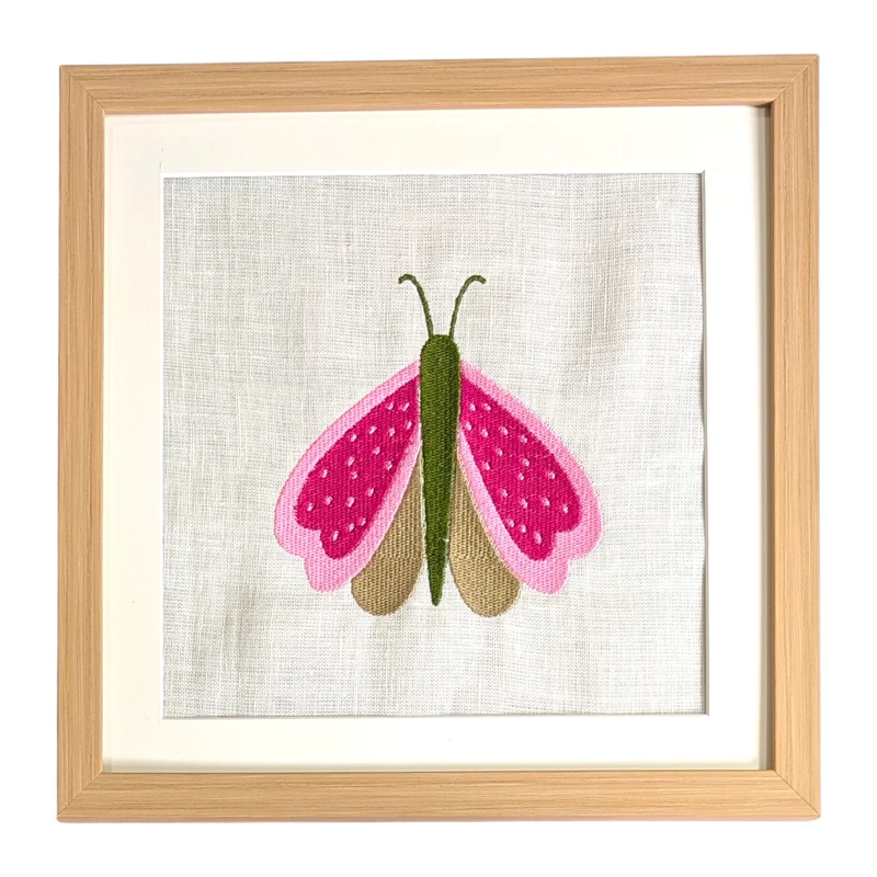 Butterfly - Pink Beige Embroidered Textile Wall Art Frame