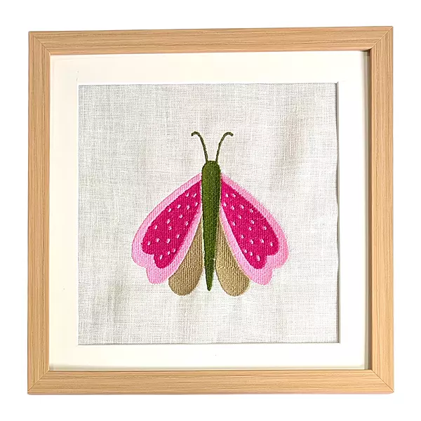 Butterfly - Pink Beige Embroidered Textile Wall Art Frame