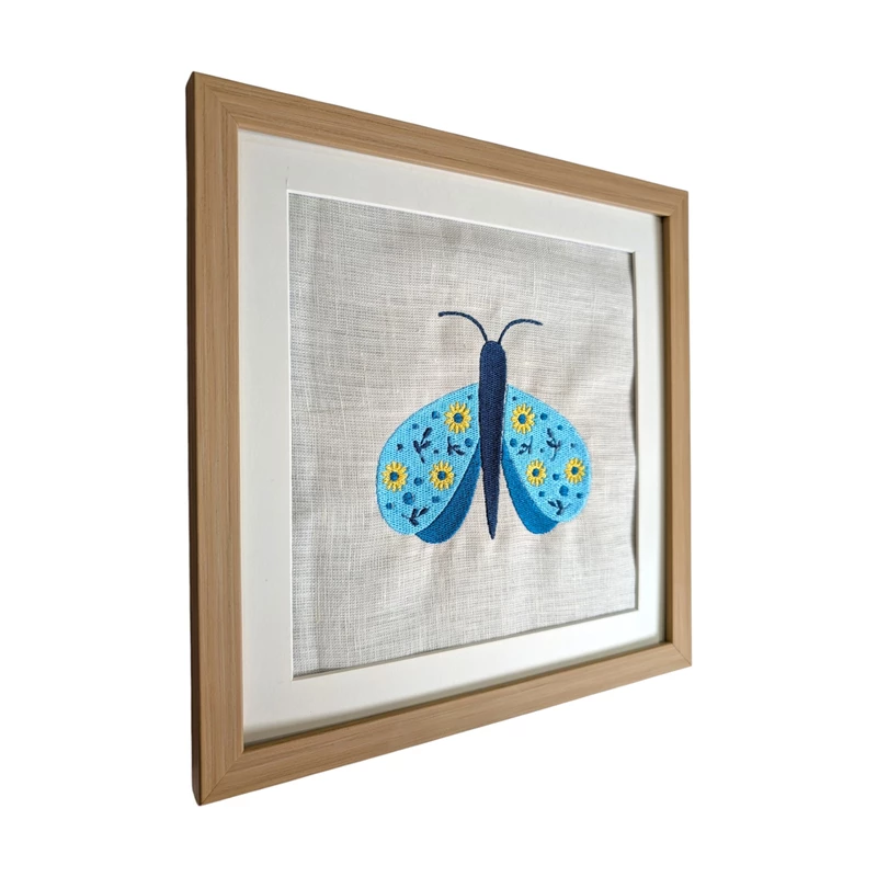 Butterfly - Blue Yellow Embroidered Textile Wall Art Frame