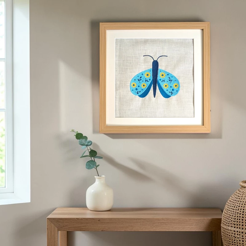 Butterfly - Blue Yellow Embroidered Textile Wall Art Frame