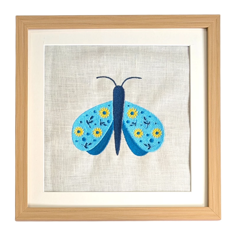 Butterfly - Blue Yellow Embroidered Textile Wall Art Frame