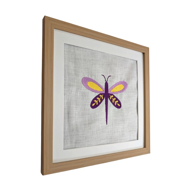 Butterfly - Purple Yellow Embroidered Textile Wall Art Frame