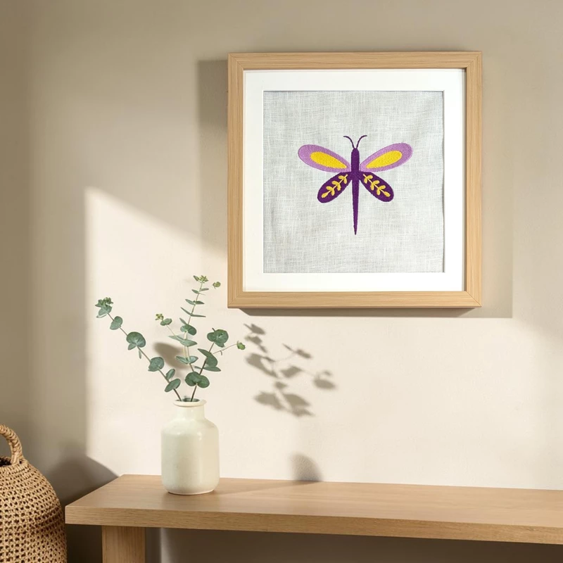 Butterfly - Purple Yellow Embroidered Textile Wall Art Frame