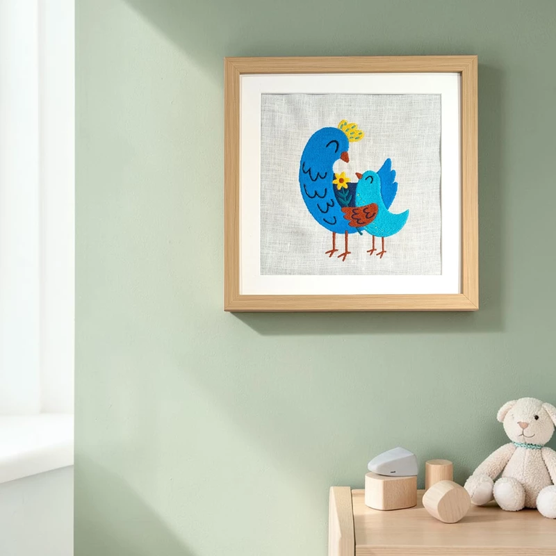 Baby Birds Embroidered Textile Wall Art Frame