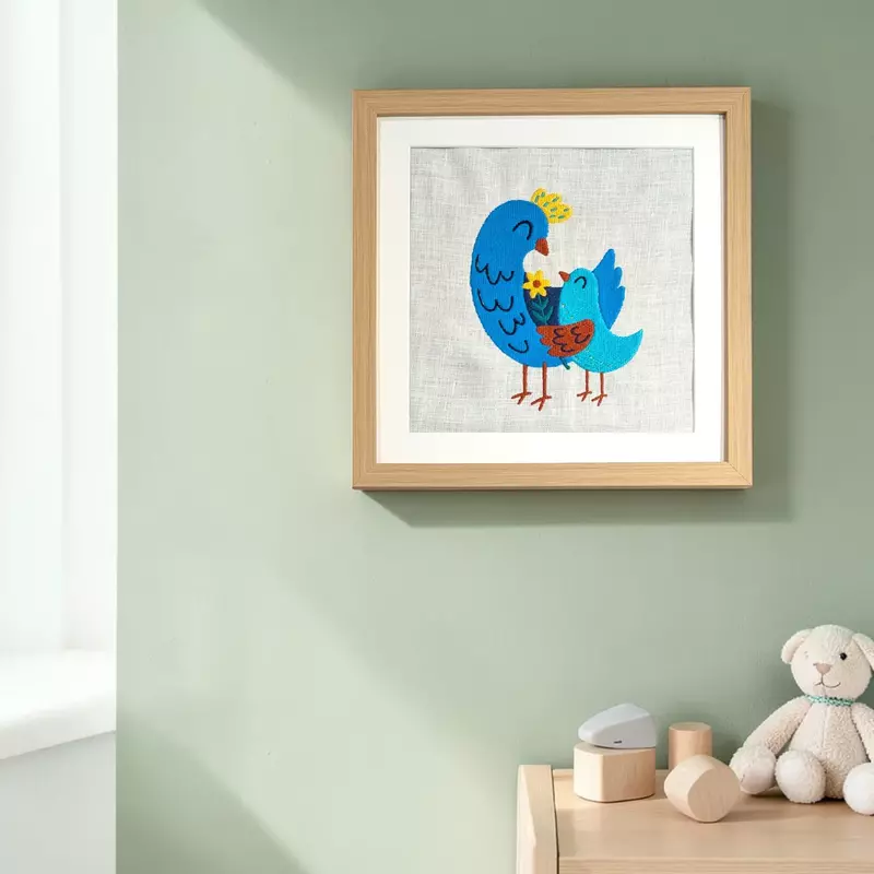 Baby Birds Embroidered Textile Wall Art Frame