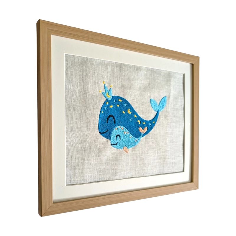 Baby Whales Embroidered Textile Wall Art Frame