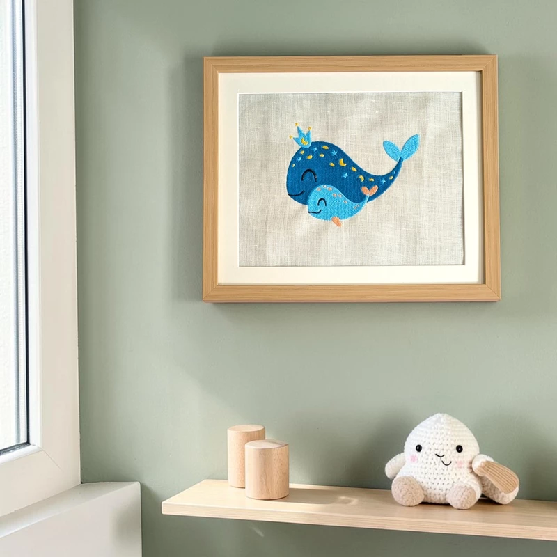 Baby Whales Embroidered Textile Wall Art Frame