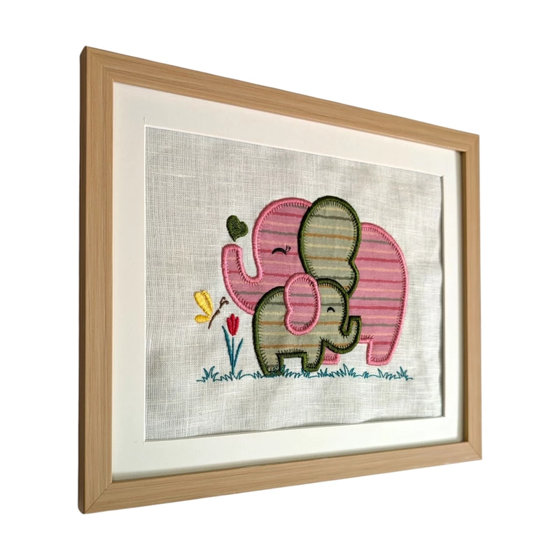 Baby Elephants - Pink Green Embroidered Textile Wall Art Frame with Applique