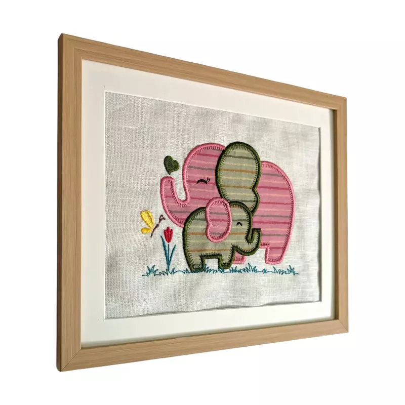 Baby Elephants - Pink Green Embroidered Textile Wall Art Frame with Applique