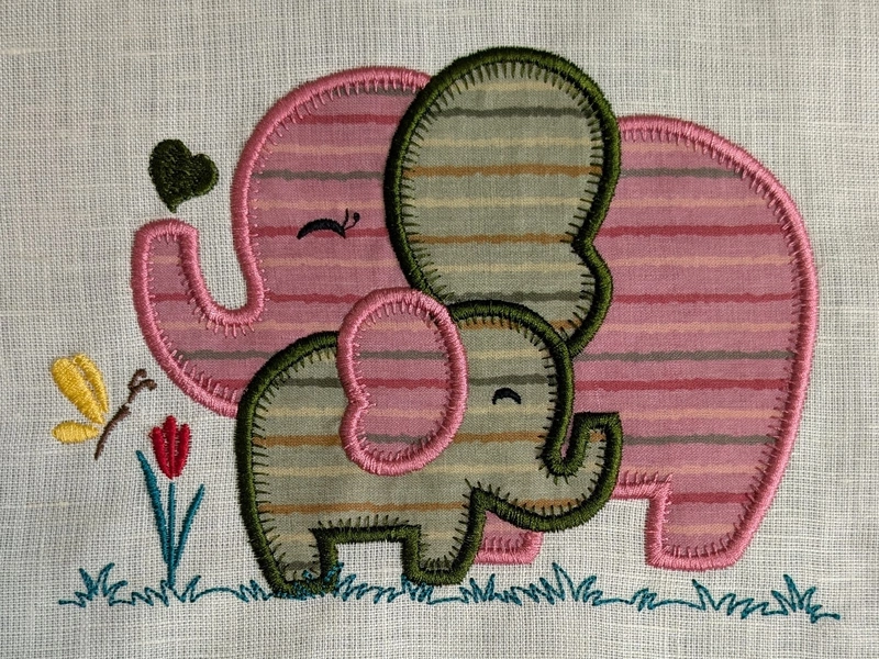 Baby Elephants - Pink Green Embroidered Textile Wall Art Frame with Applique