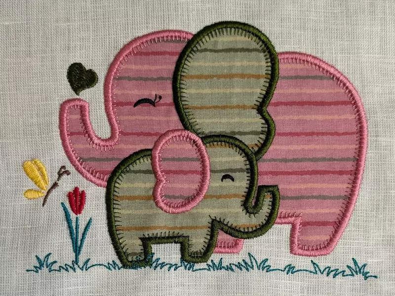 Baby Elephants - Pink Green Embroidered Textile Wall Art Frame with Applique